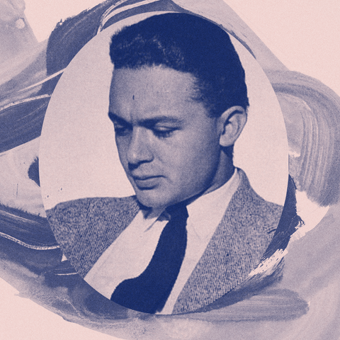 Duotone blue pink image Portrait of graphic designer, Paul Rand in an oval with watercolor brushes behind