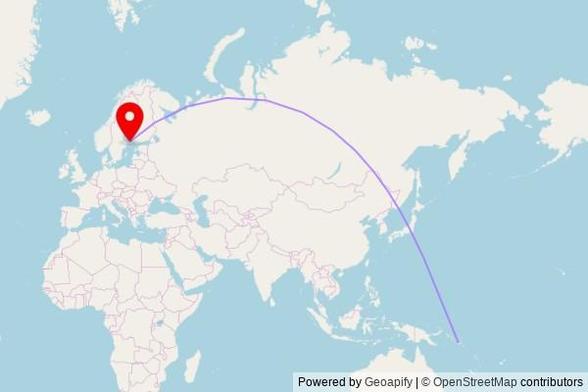 A map showing the great circle route from Honiara in Solomon Islands to a map pin at Sunds kyrka, Norra Sundsvägen, 22520 Sund, Finland