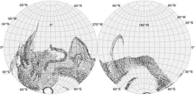 William Herschel's map of Mars reprojected into an equator-centred pair of azimuthal projections, roughly matched to modern coordinates.