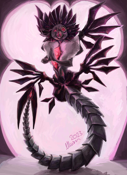 Digital painting of a spikey, mechanical creature with a tail made up of many metal segments, two sets of wing-like protrusions, and hands in a praying position in front of a glowing core. It is framed in front of a rounded doorway. The entire painting has a purple/pink colour palette.