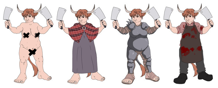 Digital drawings. Four iterations of the same character - a pale woman with a bulky build, orange hair, and highland cow horns, ears and tail, holding a cleaver in each hand. The first is nude, with crosses drawn over the nipples and groin to censor them. The rest show different outfit concepts: a dress and plaid shoulder covering; plate armour; and a bloody leather apron over plain clothes.