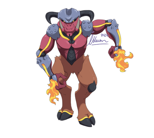 A digital drawing of the Baron of Hell, an anthropomorphic goat-like demon, from Doom redesigned to resemble a Pokémon.