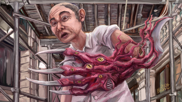 A digital painting of a middle-aged man staring in horror at a monstrous parasite attached to his hand. He is standing in an alleyway with scaffolding overhead.