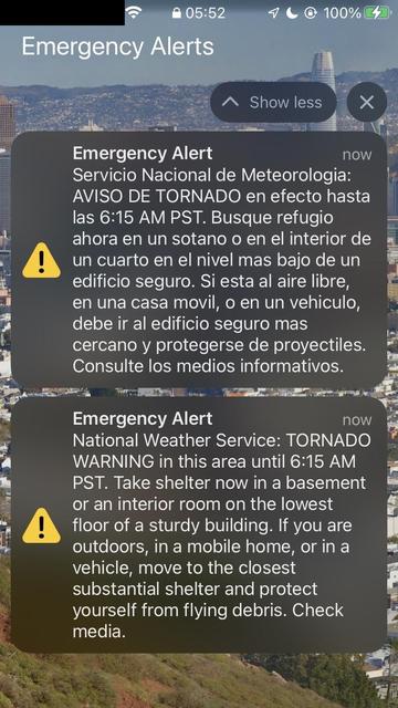 A tornado warning until 06:15 AM for San Francisco on December 14 (today).