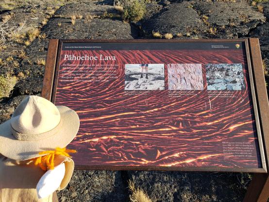 Ranger Sarah learns about Pahoehoe Lava. Pahoehoe is a smooth lava that often forms ropes and coils. Pahoehoe means "ropy" in Hawaiian. Pahoehoe flows are very hot, around 2,000 degrees Fahrenheit, and have been clocked flowing at speeds of more than 30 miles per hour.
— at Craters of the Moon NPS.
