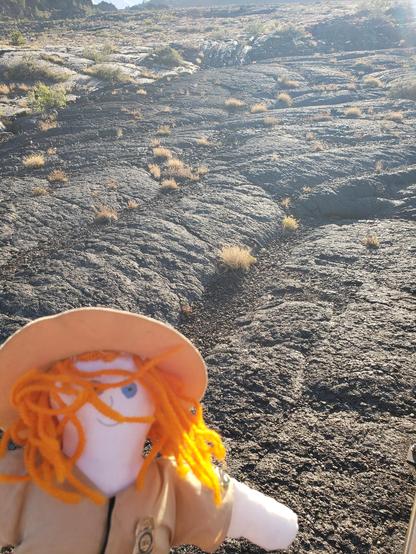 Ranger Sarah with some of the smooth Pahoehoe Lava. Much of the pahoehoe at Craters of the Moon was very viscous or thick and was very close to being aa. Even in large channels this thick lava was probably only flowing at 3-6 miles per hour.
— at Craters of the Moon NPS.
