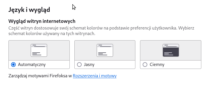 Ustawienia mojego firefoksa. Styl stron jest ustawiony na automatyczny (zgodny z systemem)