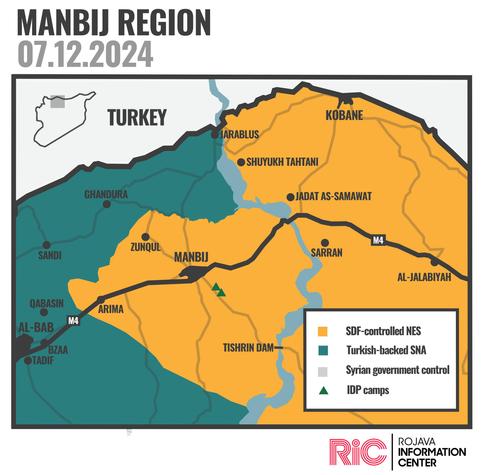 Map of the Manbij region and its surroundings and divided by color according to territorial control on December 7, 2024.