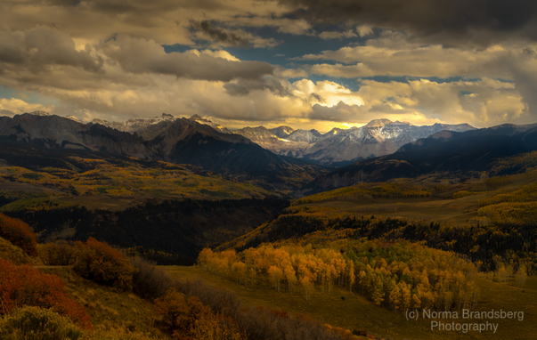 Colorado Rocky Mountains in Telluride San Juan  sun lit Mountain storm  sunset panorama prints & more:

https://www.pictorem.com/2184267/Colorado%20Telluride%20San%20Juan%20Mountains%20in%20Autumn.html

https://pixels.com/featured/san-juan-mountains-in-autumn-norma-brandsberg.html?newartwork=true