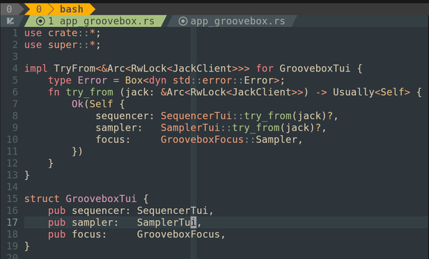 screenshot of https://codeberg.org/unspeaker/tek/src/commit/aa8a1a3bd9faab08b956d1c6f97888420fd0a267/crates/tek/src/tui/app_groovebox.rs