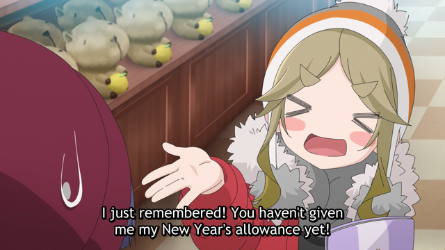 A girl (Akari) with a squinted eyes grin on her face with a hand out saying, “I just remembered! You haven’t given me my New Year’s allowance yet!”
