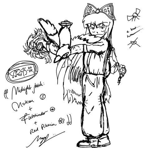 Fujiwara no Mokou, a Touhou Project character, glares while posing casually. She holds a Fletchinder, a Fire-type bird Pokémon, on her outstretched left arm. A Red Pikmin dangles from Mokou's hair, hanging on tight.