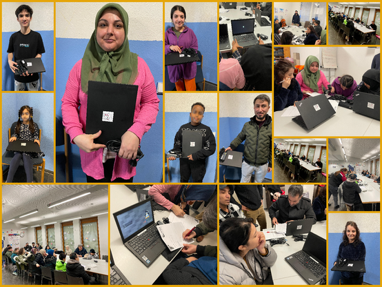 Collage aus Fotos einer IT-Schulung für Eltern und Schulkinder i´bei der Caritas in Seligenstadt. In einem Schulungsraum sitzen um mehrere zusammengeschobene Tische Eltern und Kinder vor aufgeklappten Laptops. Auf anderen Fotos halten die Teilnehmer stolz gespendete Laptops in die Kamera.