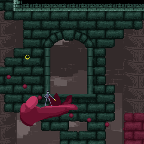 A Skeleton standing on a big red hand