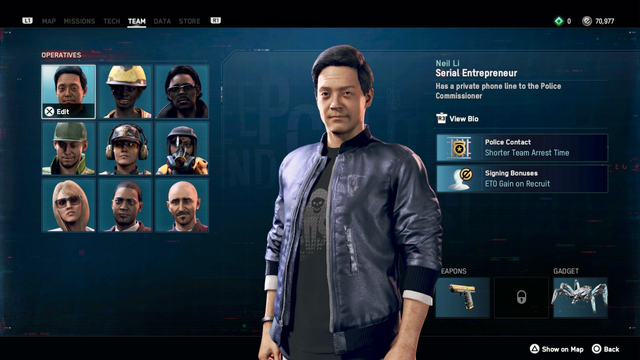 A screenshot from the team management screen. The central figure is a character named Neil Li, depicted as a man with dark hair and a slight smile. He is wearing a shiny, dark bomber jacket over a black t-shirt that features a skull design. His expression is confident and approachable. To the right of Neil, there are details about him. To the left, there is a grid displaying various operatives. The grid consists of nine character portraits, with Neil Li highlighted in the top left corner. The other characters include a mix of individuals in different outfits, suggesting diverse roles or skills.