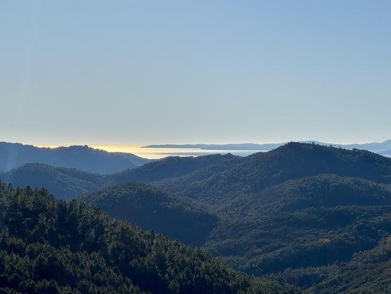 A panoramic view of rolling green hills leading to a shimmering ocean in the distance, under a clear sky.