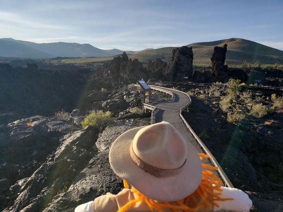 As Ranger Sarah hikes the North Crater Flow Trail she sees a change in the lava as it changes from Pahoehoe Lava to A'a Lava.
— at Craters of the Moon NPS.
