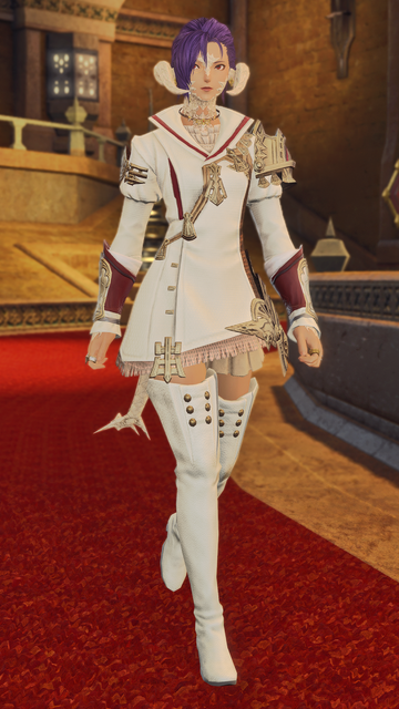 Berin Rinrin, a female raen Au Ra, wearing a white coat with red accents and golden ornaments, ruffled pantalettes, and white thighboots.