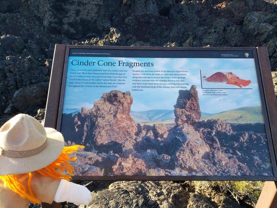 Ranger Sarah learns about Cinder Cone Fragments. Rafted blocks, or monoliths, are sections of a broken crater wall that have been carried along on top of an a'a lava flow. Only a'a flows are thick enough to "float" the blocks to their new locations.
— at Craters of the Moon NPS.
