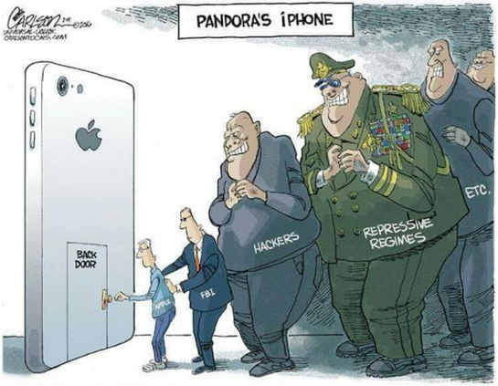 Tim Cook unlocking a backdoor on an iPhone while the FBI, hacker, oppressive regimes etc wait in line.