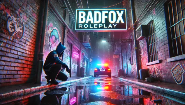 The image depicts a dark urban alley at night, illuminated by vibrant neon lights. The wet pavement reflects the colorful lights, adding drama and depth to the scene. The alley walls are covered with graffiti, creating a gritty and mysterious atmosphere. In the center, a shadowy figure wearing a hooded jacket leans against the wall, exuding an air of secrecy and intrigue. At the far end of the alley, the flashing lights of a police car are visible, adding tension and a sense of urgency.

The overall mood of the image is intense and immersive, capturing the essence of a roleplay environment with its mix of crime, mystery, and vibrant urban life.