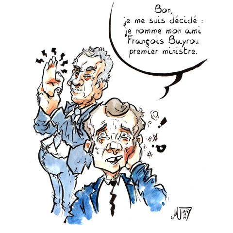 Dessin d'actu par Myster Ty, aquarelle et encre de chine. Macron, se frottant la joue, au bord des larmes, dit "Bon, je me suis décidé. Je nomme mon ami François Bayrou premier ministre." Derrière Macron, on voit Bayrou, le pentalon jusqu'au nombril, se frotter la main droite, comme si il venait de donner une grosse gifle.