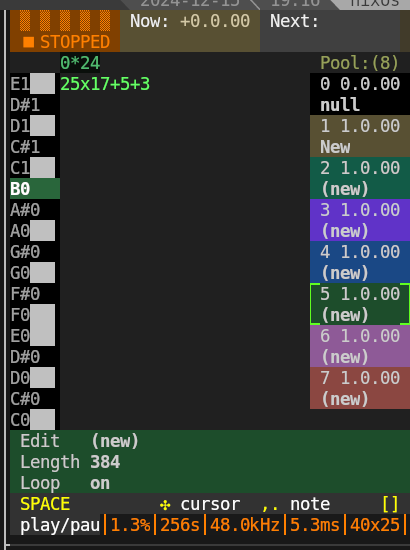 40x25 screenshot of text user interface of midi sequencer