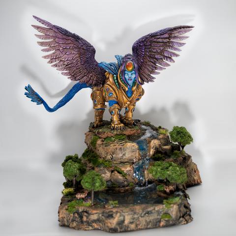 PAXU24 Arcadian Brush - Advanced Large Winner: A blue-skinned and gem-adorned gryphon atop a waterfall mountain