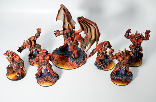 PAXU24 Arcadian Brush - Advanced Squad Winner: Shouting loincloth-clad demons, atop lava bases. Their winged leader wields a large blade.