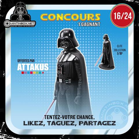 Vignette 16/24 du concours MintInbox. Le fond est principalement bleu, au centre de l'image il y a Dark Vador, un personnage sombre, tout de noir vêtu. Il a un casque qui lui recouvre la tête et une cape. Il tient un sabre laser de couleur rouge. En haut à gauche il y a le logo de MintInBox, c'est-à-dire le buste de Dark Vador avec MintInBox écrit en-dessous. Dans le coin supérieur droit, il y a dans un disque rouge, écrit en caractères blancs 16/24. Entre les deux il y a Concours, en jaune, 1 gagnant, an blanc. À la gauche de l'image de Dark Vador il y a écrit "Offertes par Attakus", à la droite de Dark Vador, il y a une représentation globale de la statue avec écrit à droite "Elite Collection 1/10ème". Au bas de l'image, le texte "Tentez votre chance, likez, taguez, partagez"