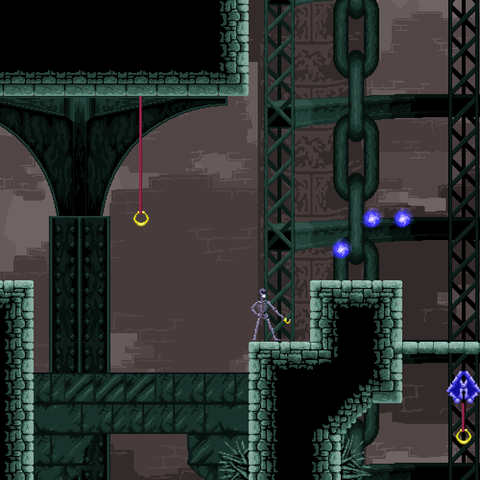 Skeleton standing on A platform. In the background there are metal plates and metal pillars, aswell as big chains.
