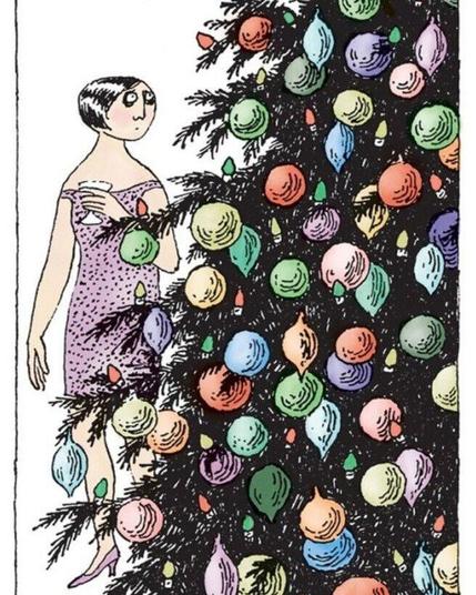 Edward Gorey art work depicting a colorfully decorated Christmas tree with a woman looking at it, with a slightly distressed look, while she drinks wine. The original text for the artwork was "At night, you can hear it rustling and drinking water out of the bucket."