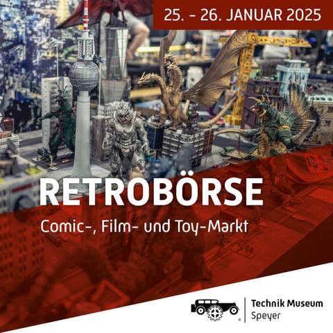 Werbeflyer für die Retrobörse im Technikmuseum Speyer (zu sehen ist ein Ausschnitt von einem Aussteller-Tisch mit Fantasyfiguren (Godzilla, Drachen, etc.)