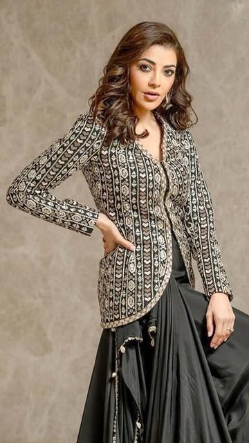 Combining grace with innovation, Kajal Aggarwal looks divine in a SVA fusion outfit. The design captures contemporary aesthetics, enhanced by Kajal Aggarwal’s timeless elegance, making it a show-stopping choice for any fashion enthusiast.