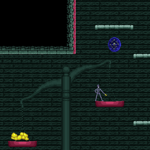 Skeleton Standing on a huge scale weight down by gold.