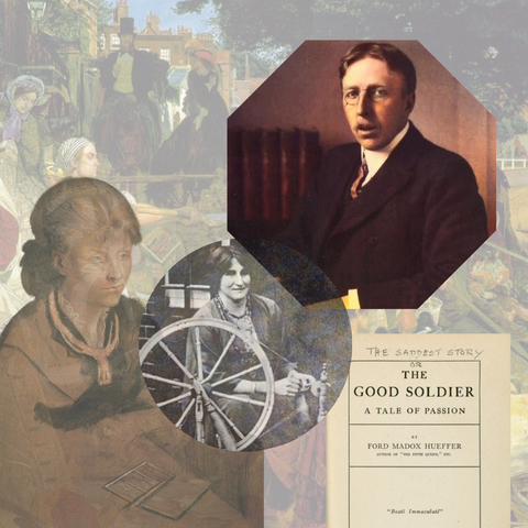 top right: colorized photo of Ford Madox Ford; bottom left, sketch of his mother, bottom right: cover to his novel 'The Good SOldier'; centre: photo of his first wife Elsie; background: 'Work' by Ford Madox Brown, Ford's grandfather