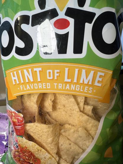 Photo of Tostitos bag with label “Hint of Lime Flavored Triangles”