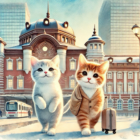冬の朝、東京駅で待ち合わせる2匹の子猫。これから旅に出る、希望に満ちた表情。