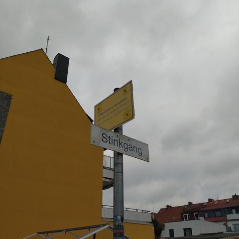Pfosten mit zwi Schildern vor einem grauen Himmel und einer gelben Hauswand. Das untere Schild ist weiß und sieht wie die für Straßennamen. Darauf steht Stinkgang.