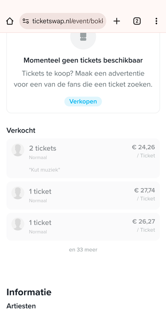 A ticketswap screenshot showing someone who gives as reason for selling the tickets 'kutmuziek'