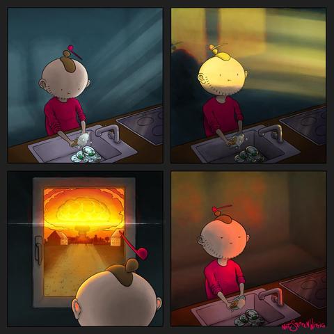 Panel 1: Little guy doing the dishes, illuminated by diffuse light coming from a window. Panel 2: A very bright yellow light is shining through the window in his face. Is it a car's high beams? Panel 3: The view outside the window shows a close explosion of an atomic bomb. Panel 4: Little guy has an annoyed expression.