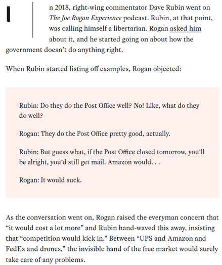 Privatizing the Post Office Would Be a Disaster
https://jacobin.com/2024/12/us-post-office-privatization-trump

* Trump confirmed he’s considering privatizing US Postal Service
* would be a big step in direction of a libertarian dystopia
* USPS Offers an Irreplaceable Public Service
* We Need a Bigger Public Postal Service

#JRE #JoeRogan #sycophants
#Trump2 #GOP #fascism #MailBallots
#USPS #USmail #PostMaster #LouisDeJoy
#capitalization #privatization #libertarianism #billionaires #CharlesKoch #SPN #TFAS