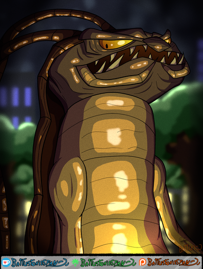Digital fanart of Men in Black's Edgar, as the giant alien roach looks down at the viewer with an evil smirk. A blurred city background behind him.