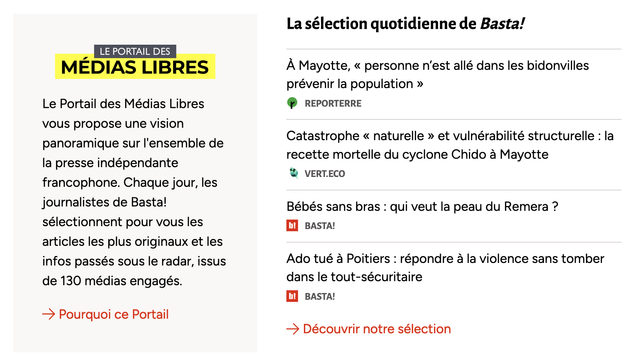 La sélection quotidienne d'articles issus de médias indépendants réalisée par l'équipe de Basta! sur le Portail des médias libres