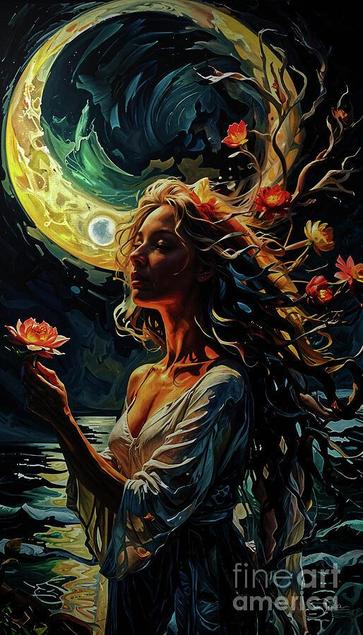 A woman stands serenely near a rippling body of water, her hair entwined with flowers under a glowing crescent moon. The scene exudes a mystical atmosphere with swirling colours and luminous highlights.