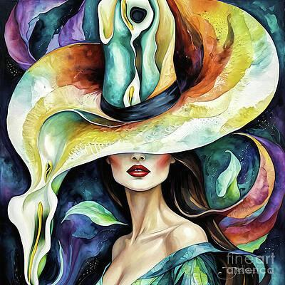 A mysterious woman hides her eyes under a large, vibrant hat, adorned with swirling colors resembling a peacock's plumage. Her striking red lips add a bold contrast to the intricate background and flowing shapes.
