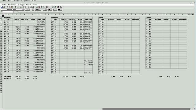 Eine Tabelle in der Tabellenkalkulation Texel (erstellt auf eine Firebee, ein Atari kompatibler Computer). Für jeden Tag des Monats sind die gefahrenen Kilometer, die Fahrzeit, die Durchschnittsgeschwindigkeit und eine Bemerkung (z.B. Homeoffice, Pendeln, Wochenende) aufgeführt. Die Gesamtstrecke und Gesamtfahrzeit für die Monate werden am Ende der Tabelle zusammengefasst.