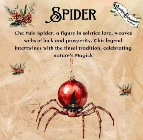 A spider with a red Christmas ball on it's back, wears a pointed black witch hat. The caption reads, "The Yule Spider, a figure in solstice lore, weaves webs of luck and prosperity. This legend intertwines with the tinsel tradition, celebrating nature's Magick"