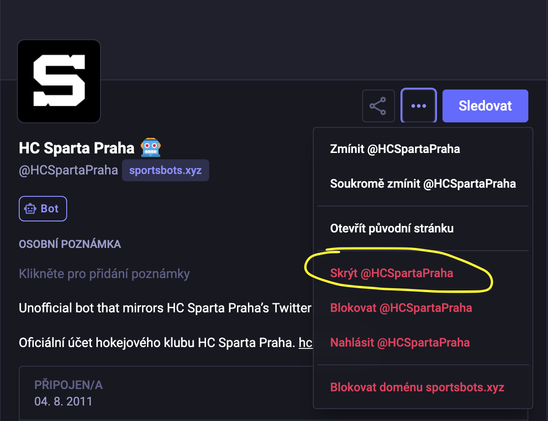 Na profilu, který chcete ztlumit, klikněte na tři tečky a vyberte Skrýt @profil …