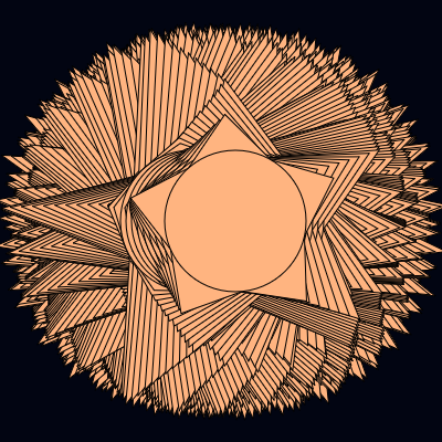 A geometric pattern created by a star that rotates, moves left to right and back, contracts and expands. The pattern has many points forming an almost circular shape, and it's possible to discern that each point was the point of a star that was drawn before. This image is tan with black lines delineating the old star shapes, all against a black background. Near the center there is a small star with a circle at its center and chubby points, because that's how they get when the star contracts. 